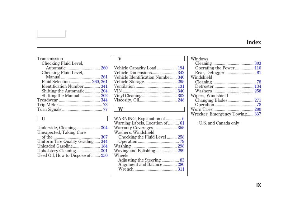 Index | HONDA 2002 CR-V - Owner's Manual User Manual | Page 371 / 372