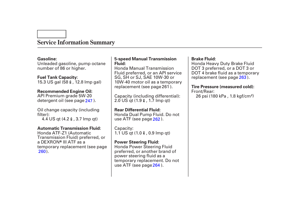 Service information summary | HONDA 2002 CR-V - Owner's Manual User Manual | Page 372 / 372