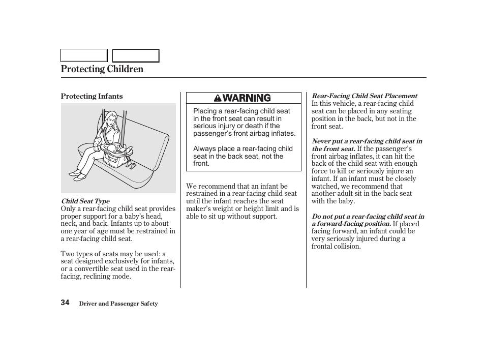 Protecting children | HONDA 2002 CR-V - Owner's Manual User Manual | Page 38 / 372