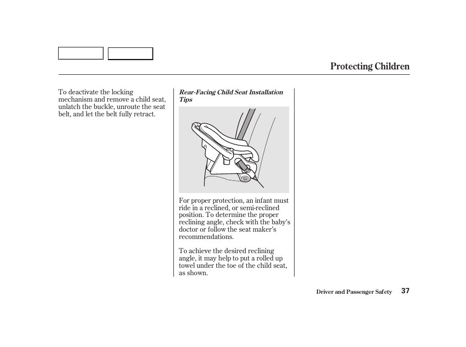 Protecting children | HONDA 2002 CR-V - Owner's Manual User Manual | Page 41 / 372
