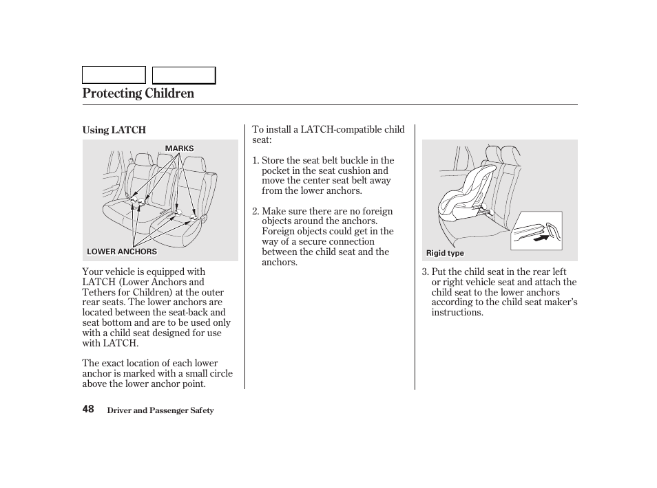 Protecting children | HONDA 2002 CR-V - Owner's Manual User Manual | Page 52 / 372