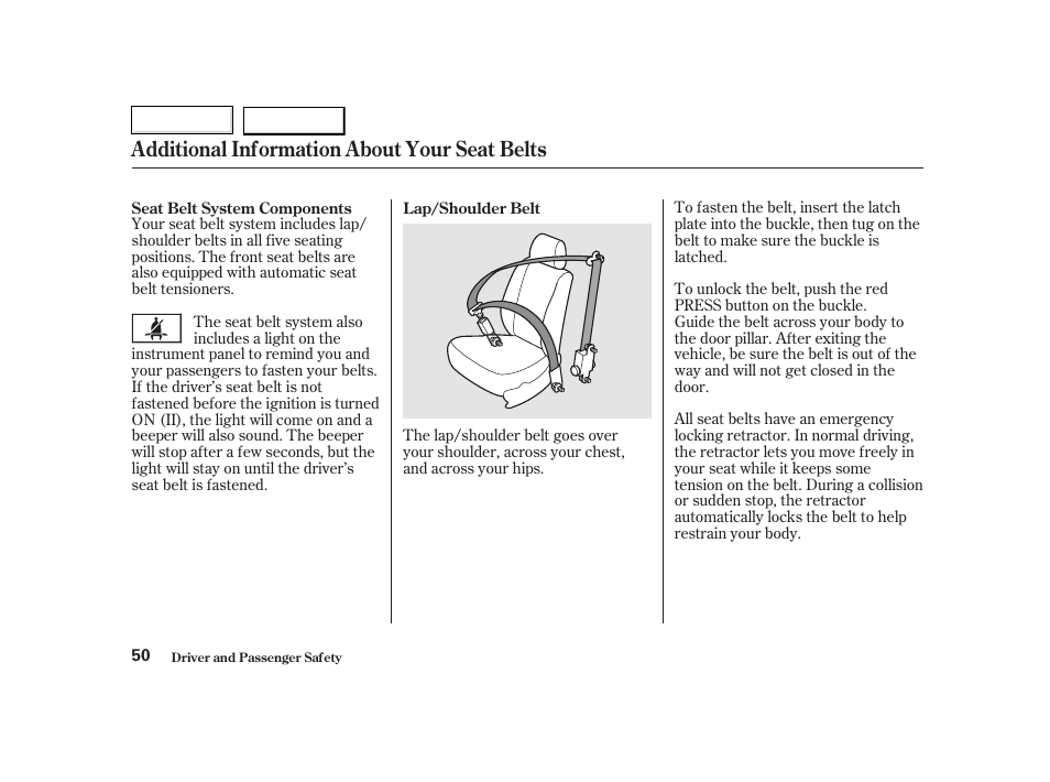 Additional information about your seat belts | HONDA 2002 CR-V - Owner's Manual User Manual | Page 54 / 372