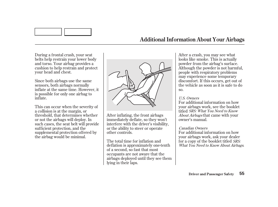 Additional information about your airbags | HONDA 2002 CR-V - Owner's Manual User Manual | Page 59 / 372