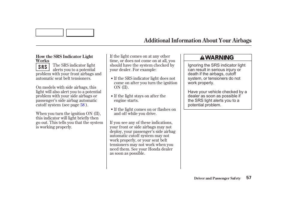 Additional information about your airbags | HONDA 2002 CR-V - Owner's Manual User Manual | Page 61 / 372