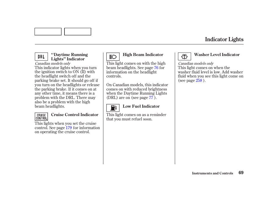 Indicator lights | HONDA 2002 CR-V - Owner's Manual User Manual | Page 73 / 372