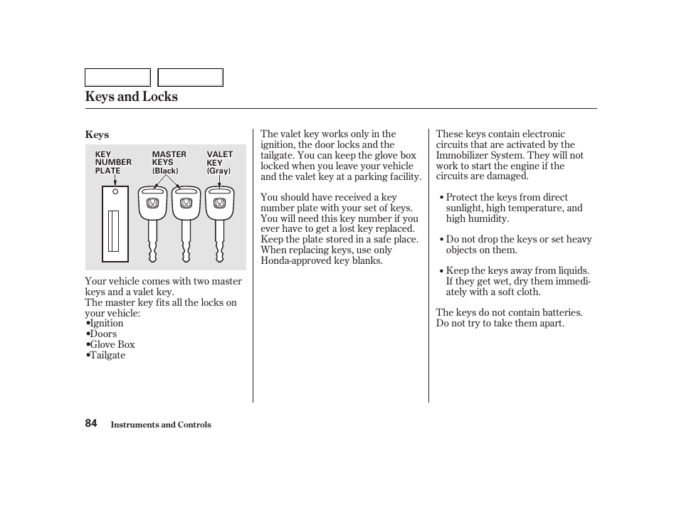 Keys and locks | HONDA 2002 CR-V - Owner's Manual User Manual | Page 88 / 372