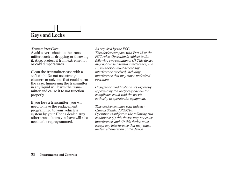 Keys and locks | HONDA 2002 CR-V - Owner's Manual User Manual | Page 96 / 372
