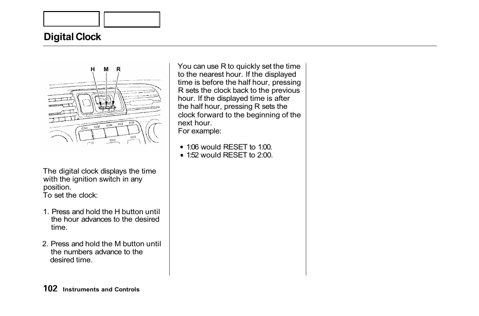 Digital clock | HONDA 2001 Accord Sedan - Owner's Manual User Manual | Page 105 / 372