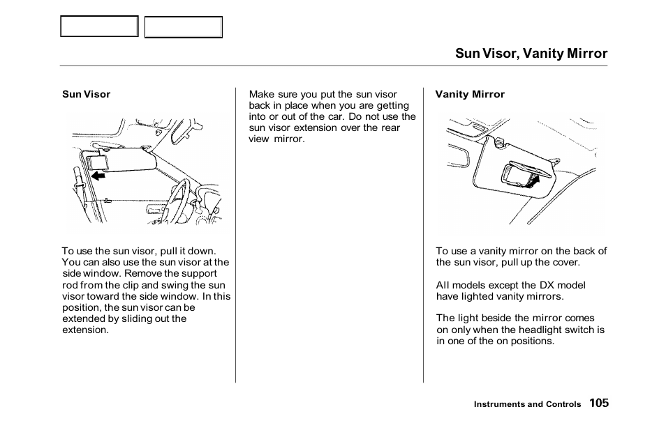 Sun visor, vanity mirror | HONDA 2001 Accord Sedan - Owner's Manual User Manual | Page 108 / 372