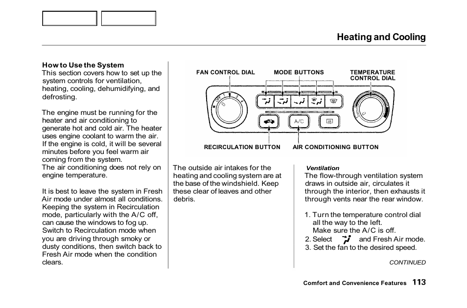 Heating and cooling | HONDA 2001 Accord Sedan - Owner's Manual User Manual | Page 116 / 372