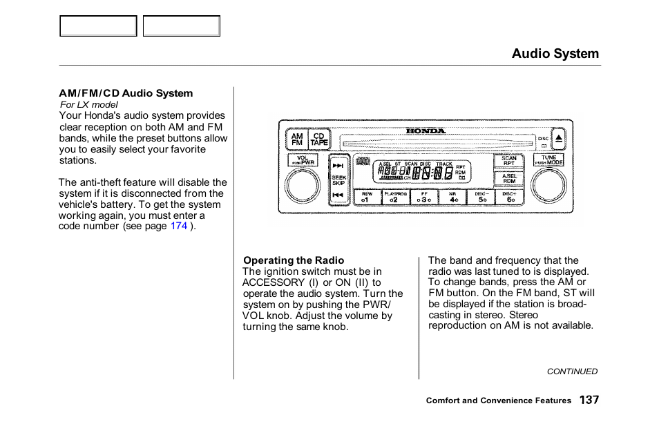 Audio system | HONDA 2001 Accord Sedan - Owner's Manual User Manual | Page 140 / 372