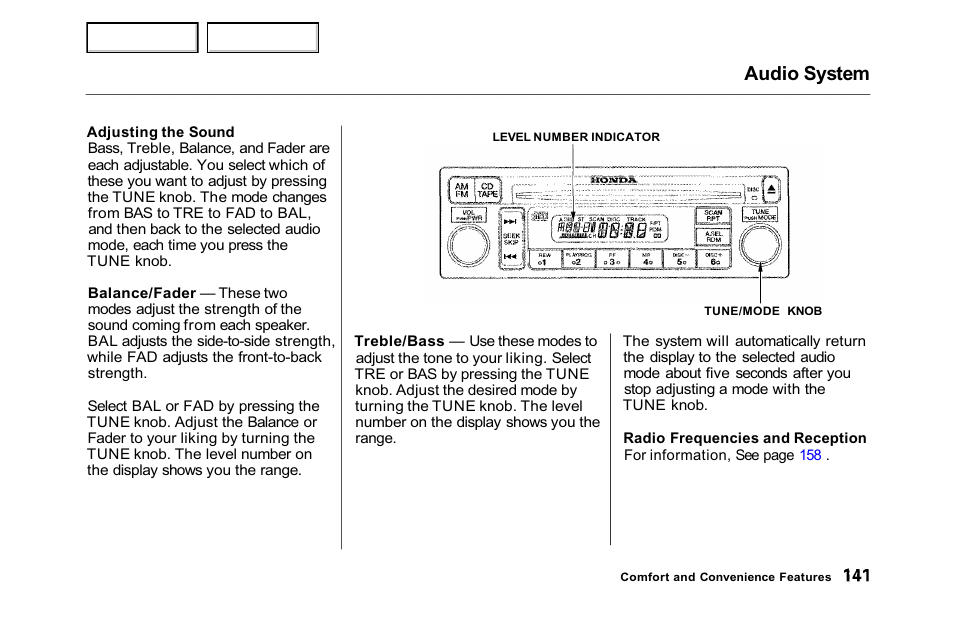 Audio system | HONDA 2001 Accord Sedan - Owner's Manual User Manual | Page 144 / 372