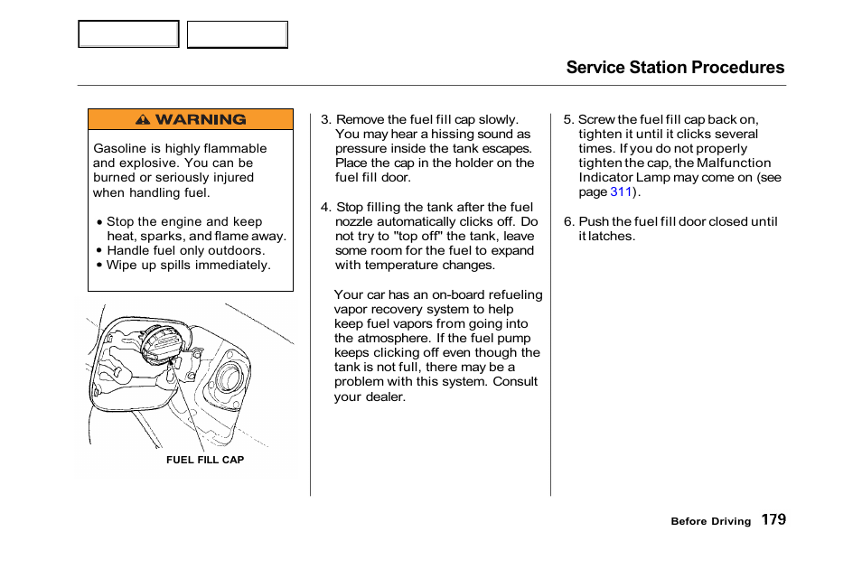 Service station procedures | HONDA 2001 Accord Sedan - Owner's Manual User Manual | Page 182 / 372