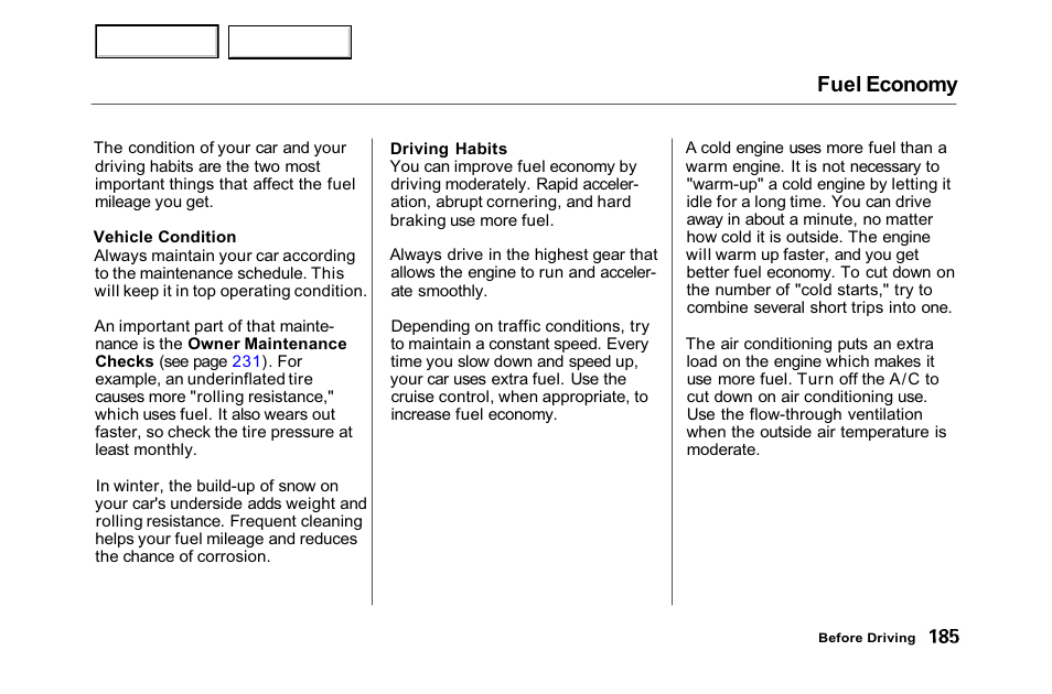 Fuel economy | HONDA 2001 Accord Sedan - Owner's Manual User Manual | Page 188 / 372