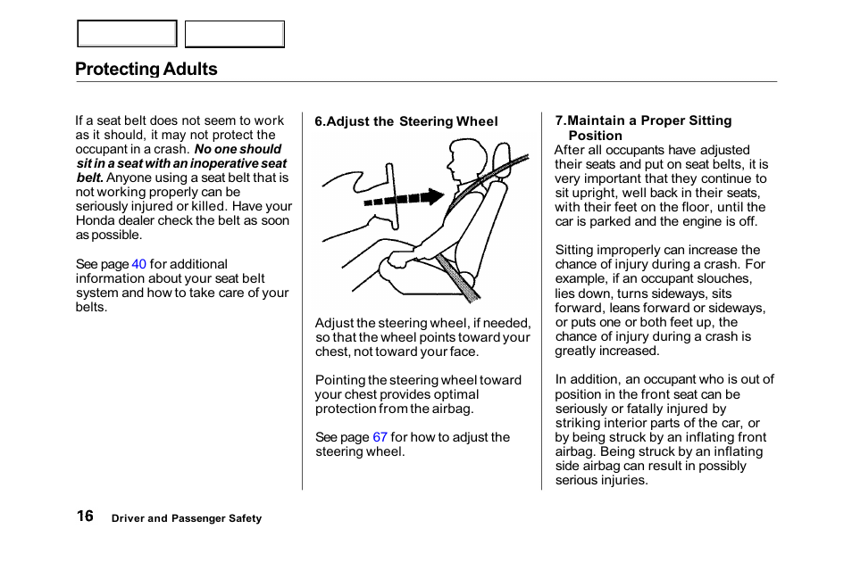 Protecting adults | HONDA 2001 Accord Sedan - Owner's Manual User Manual | Page 19 / 372