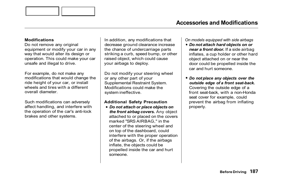 Accessories and modifications | HONDA 2001 Accord Sedan - Owner's Manual User Manual | Page 190 / 372