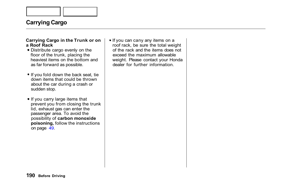 Carrying cargo | HONDA 2001 Accord Sedan - Owner's Manual User Manual | Page 193 / 372