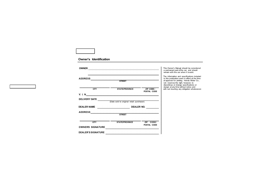 Owner's identification form, Owner's identification | HONDA 2001 Accord Sedan - Owner's Manual User Manual | Page 2 / 372