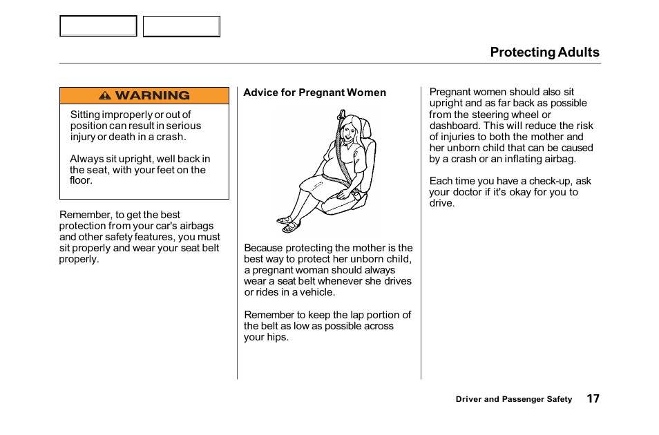 Protecting adults | HONDA 2001 Accord Sedan - Owner's Manual User Manual | Page 20 / 372