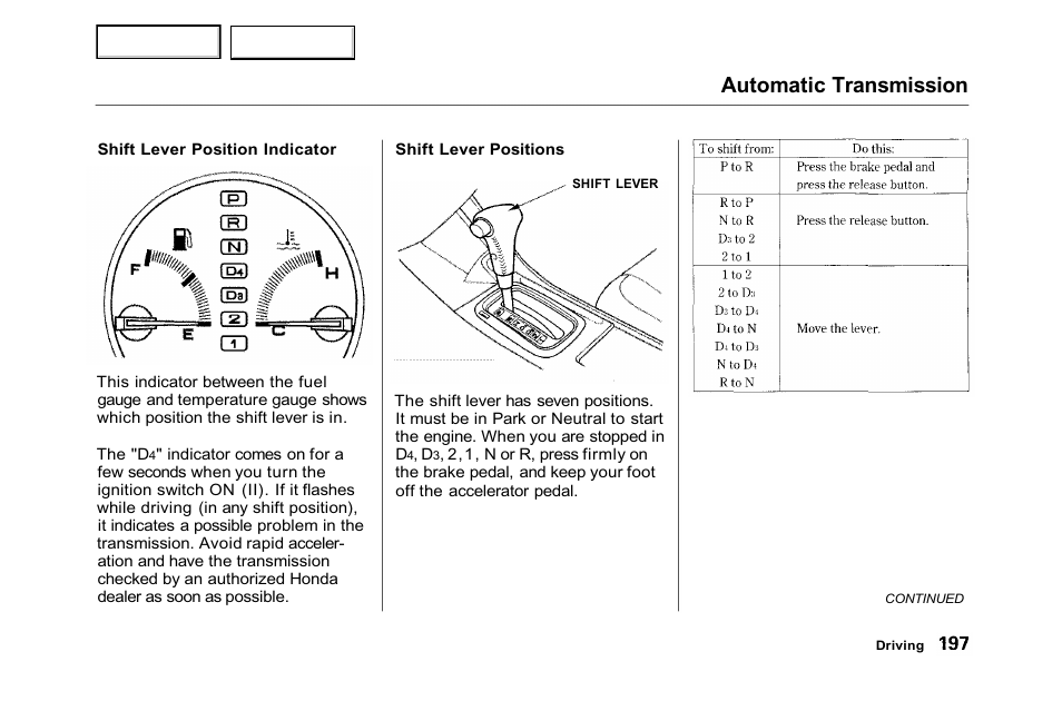 Automatic transmission | HONDA 2001 Accord Sedan - Owner's Manual User Manual | Page 200 / 372