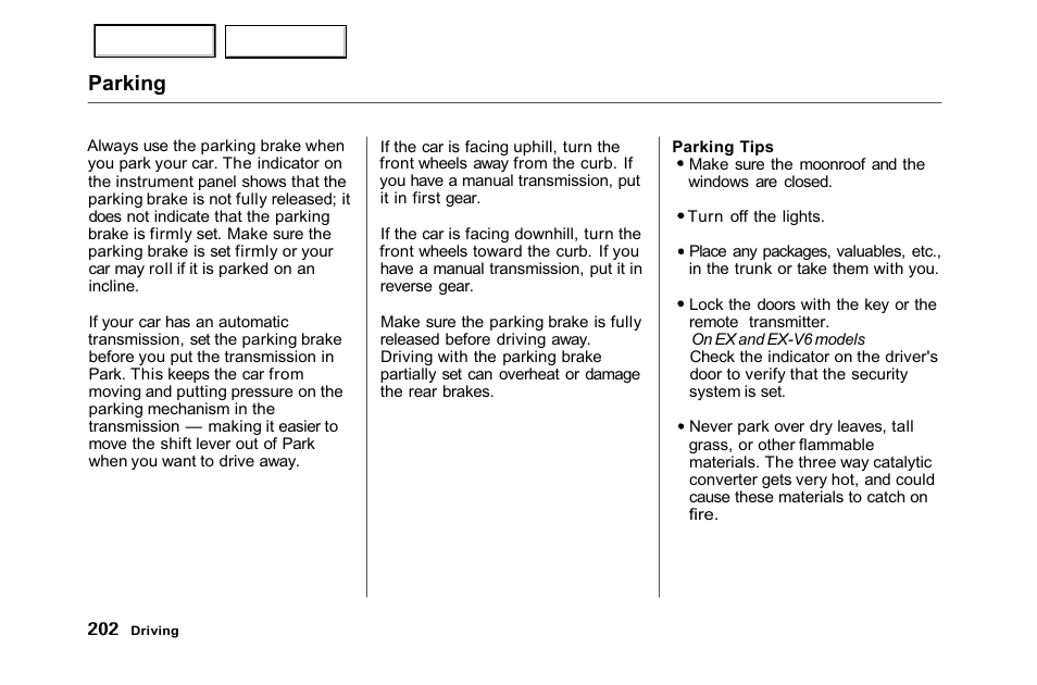 Parking | HONDA 2001 Accord Sedan - Owner's Manual User Manual | Page 205 / 372