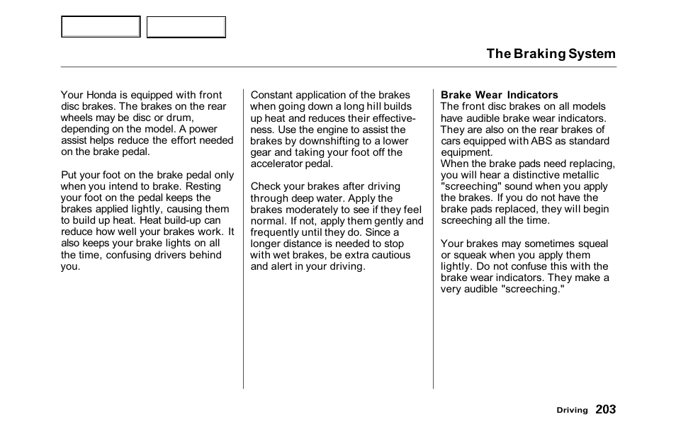 The braking system | HONDA 2001 Accord Sedan - Owner's Manual User Manual | Page 206 / 372