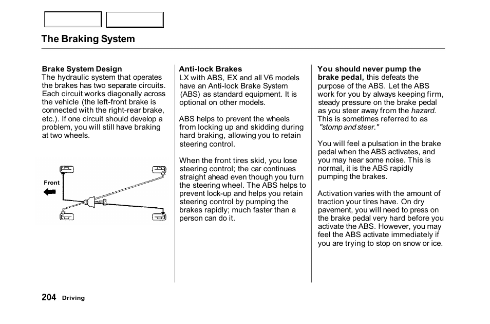 The braking system | HONDA 2001 Accord Sedan - Owner's Manual User Manual | Page 207 / 372