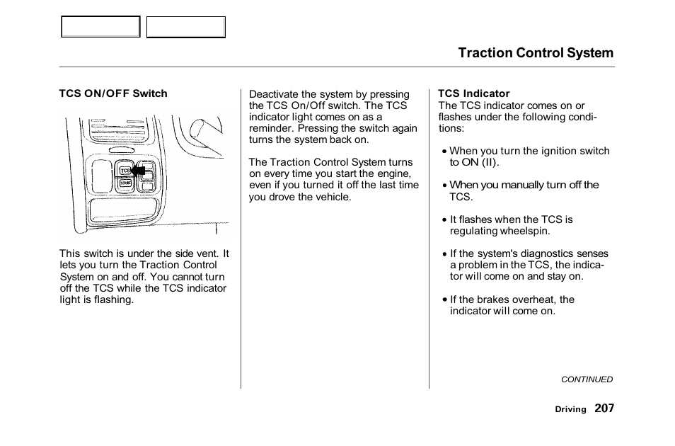 Traction control system | HONDA 2001 Accord Sedan - Owner's Manual User Manual | Page 210 / 372