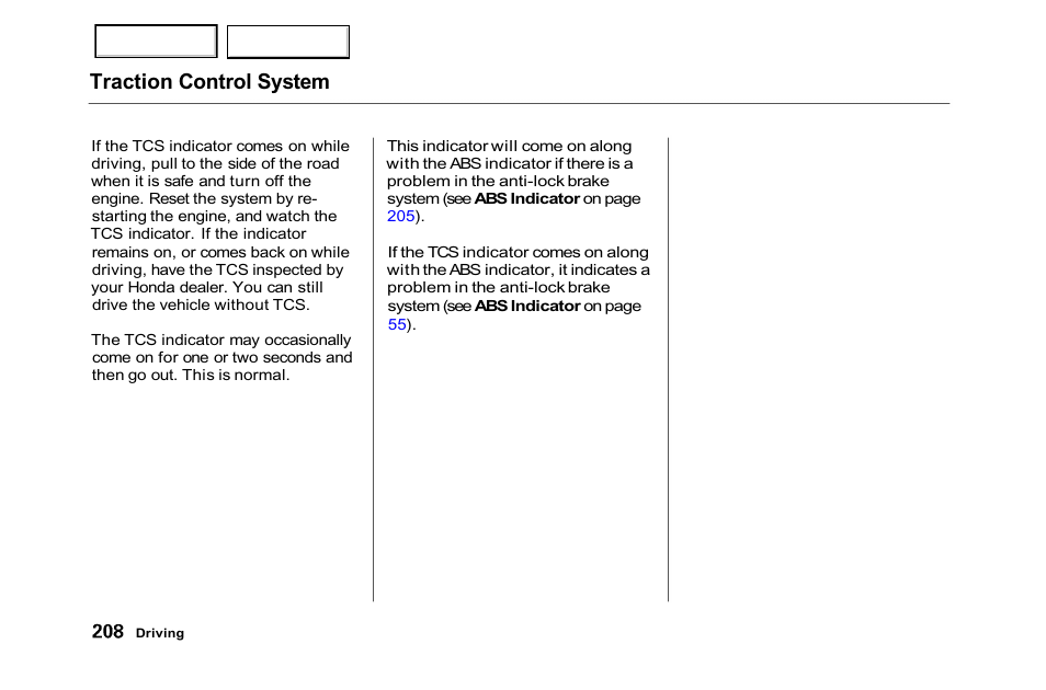 Traction control system | HONDA 2001 Accord Sedan - Owner's Manual User Manual | Page 211 / 372