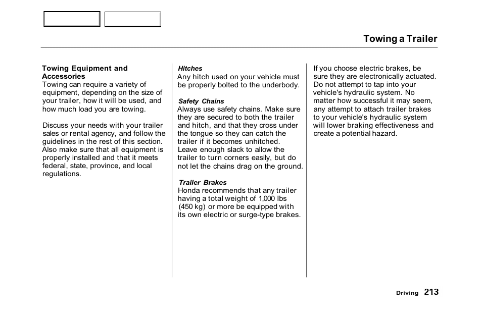 Towing a trailer | HONDA 2001 Accord Sedan - Owner's Manual User Manual | Page 216 / 372