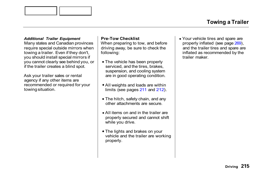 Towing a trailer | HONDA 2001 Accord Sedan - Owner's Manual User Manual | Page 218 / 372