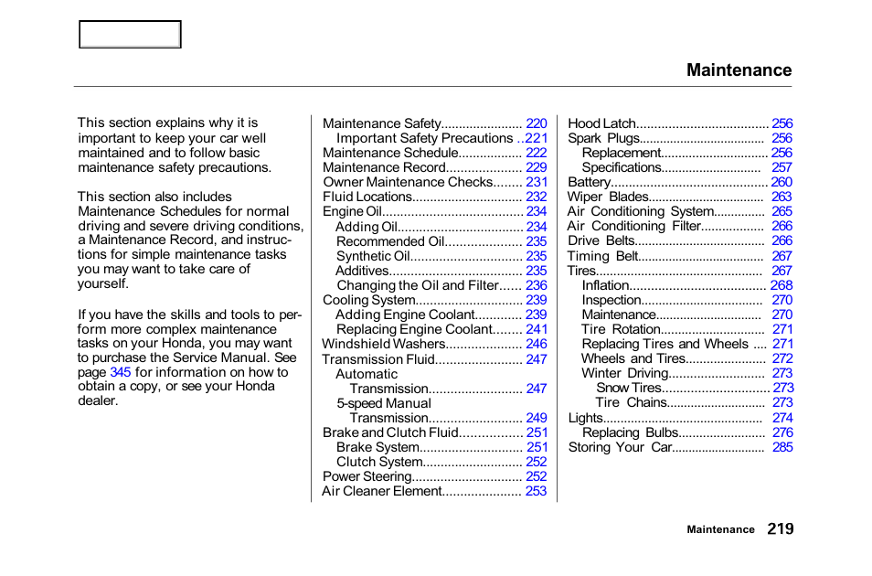 Maintenance | HONDA 2001 Accord Sedan - Owner's Manual User Manual | Page 222 / 372