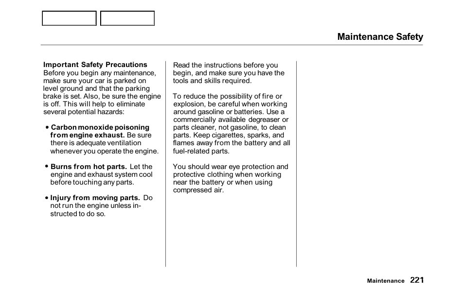 Maintenance safety | HONDA 2001 Accord Sedan - Owner's Manual User Manual | Page 224 / 372