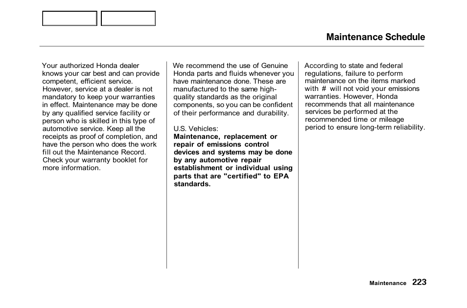 Maintenance schedule | HONDA 2001 Accord Sedan - Owner's Manual User Manual | Page 226 / 372