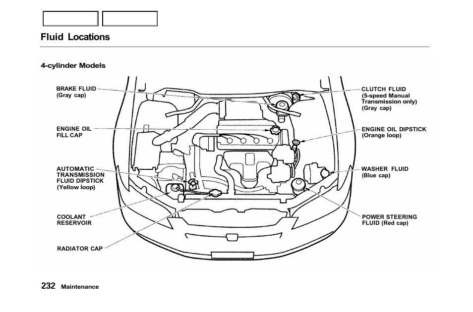 Fluid locations | HONDA 2001 Accord Sedan - Owner's Manual User Manual | Page 235 / 372