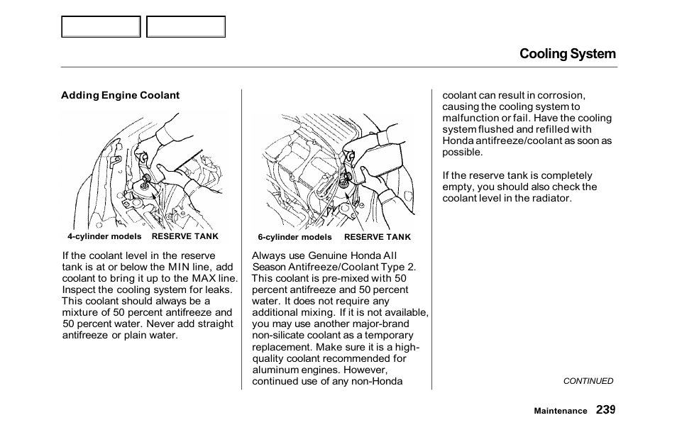 Cooling system | HONDA 2001 Accord Sedan - Owner's Manual User Manual | Page 242 / 372