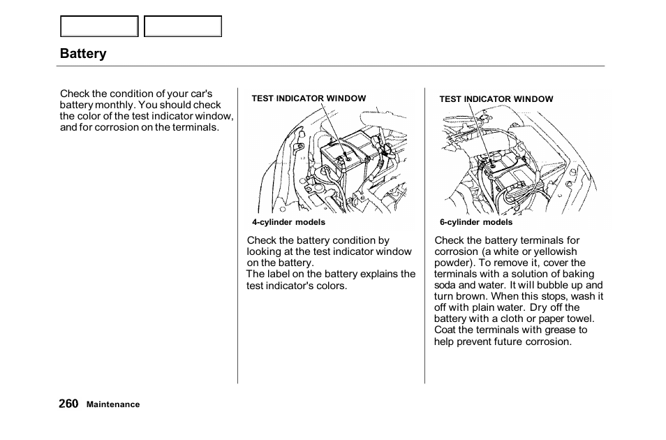 Battery | HONDA 2001 Accord Sedan - Owner's Manual User Manual | Page 263 / 372