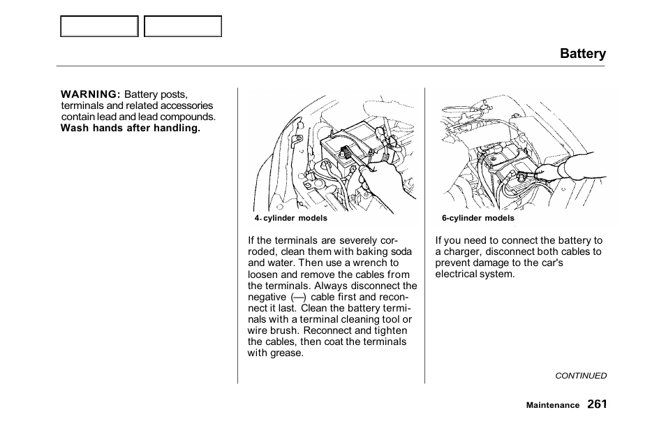 Battery | HONDA 2001 Accord Sedan - Owner's Manual User Manual | Page 264 / 372