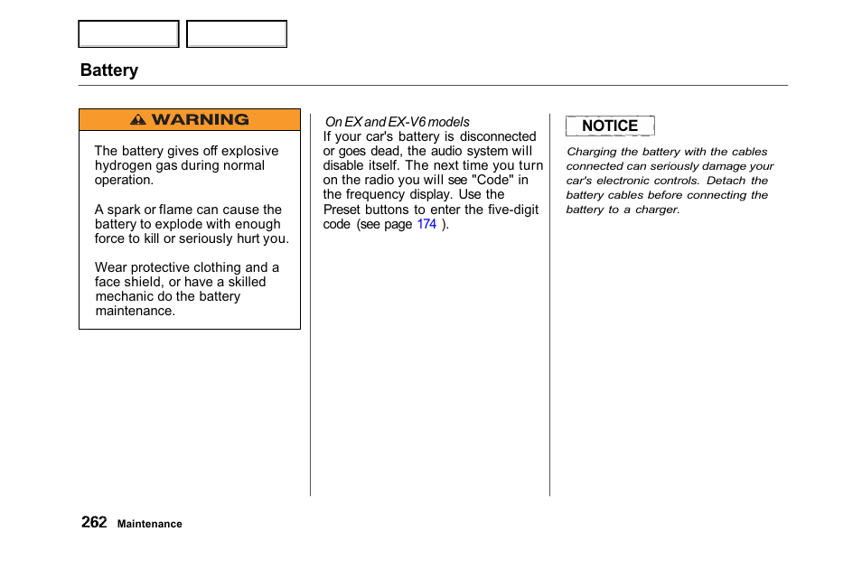 A few words about safety, Battery | HONDA 2001 Accord Sedan - Owner's Manual User Manual | Page 265 / 372