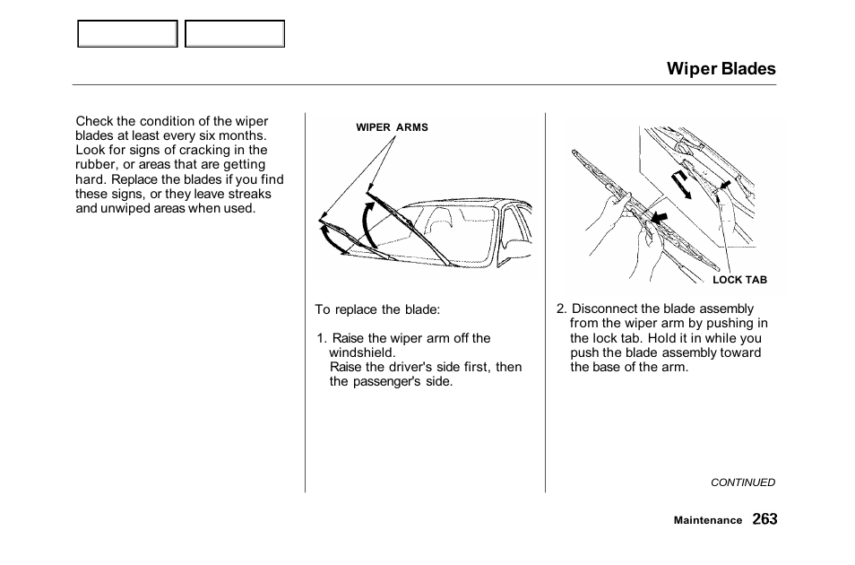 Wiper blades | HONDA 2001 Accord Sedan - Owner's Manual User Manual | Page 266 / 372