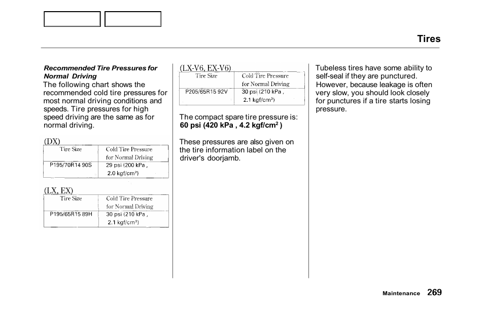 Tires | HONDA 2001 Accord Sedan - Owner's Manual User Manual | Page 272 / 372