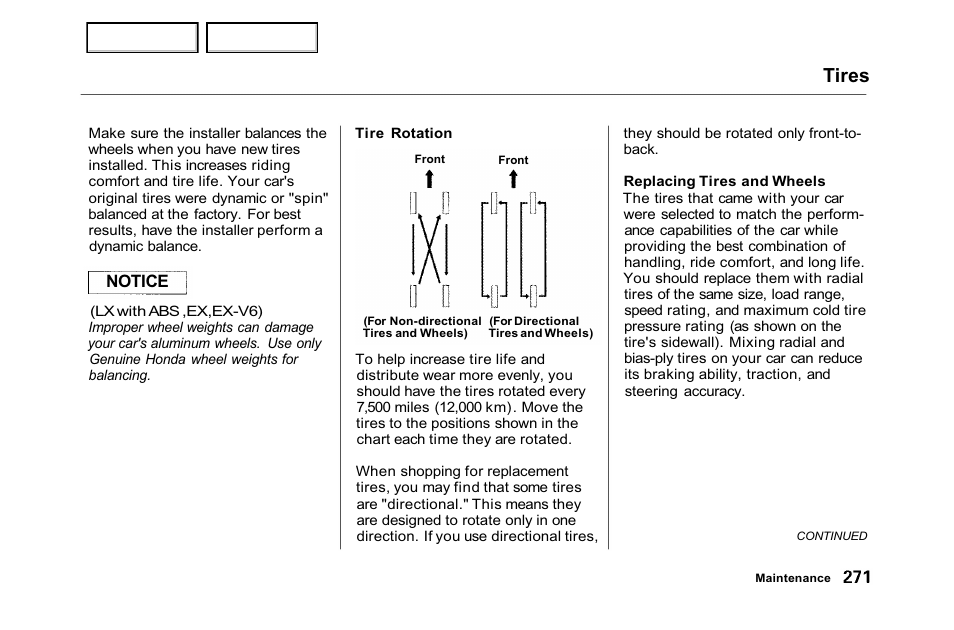 Tires | HONDA 2001 Accord Sedan - Owner's Manual User Manual | Page 274 / 372