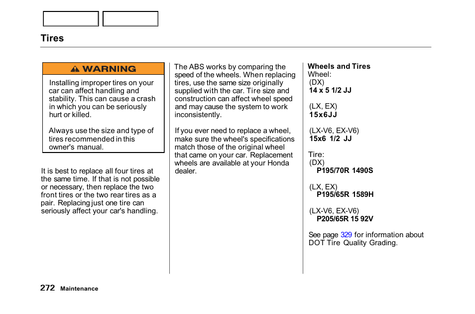 A few words about safety, Tires | HONDA 2001 Accord Sedan - Owner's Manual User Manual | Page 275 / 372