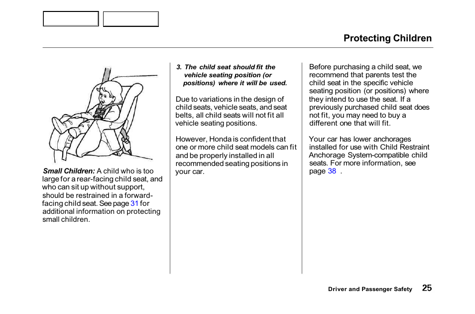 Protecting children | HONDA 2001 Accord Sedan - Owner's Manual User Manual | Page 28 / 372