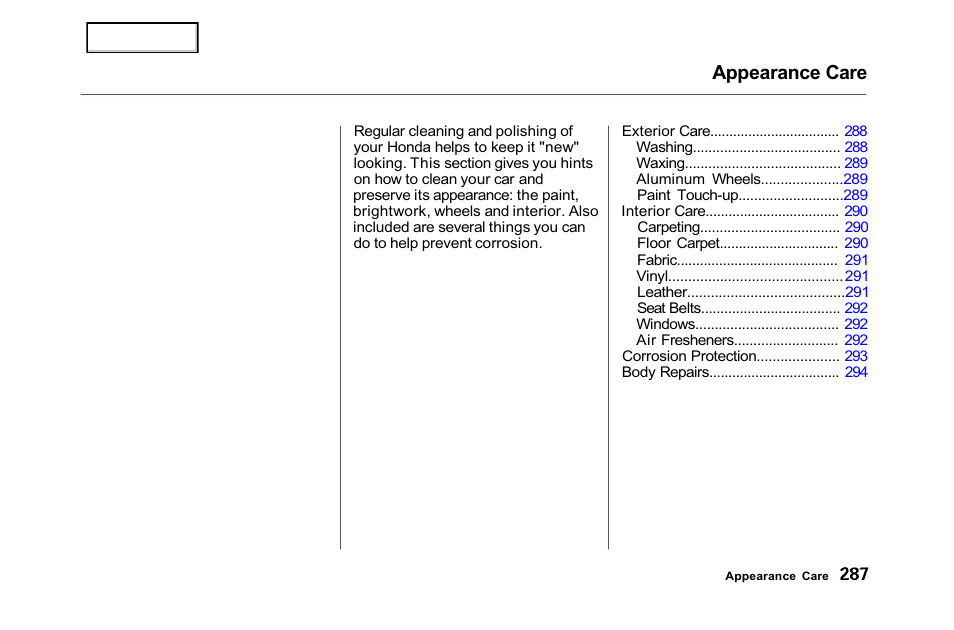 Appearance care | HONDA 2001 Accord Sedan - Owner's Manual User Manual | Page 290 / 372