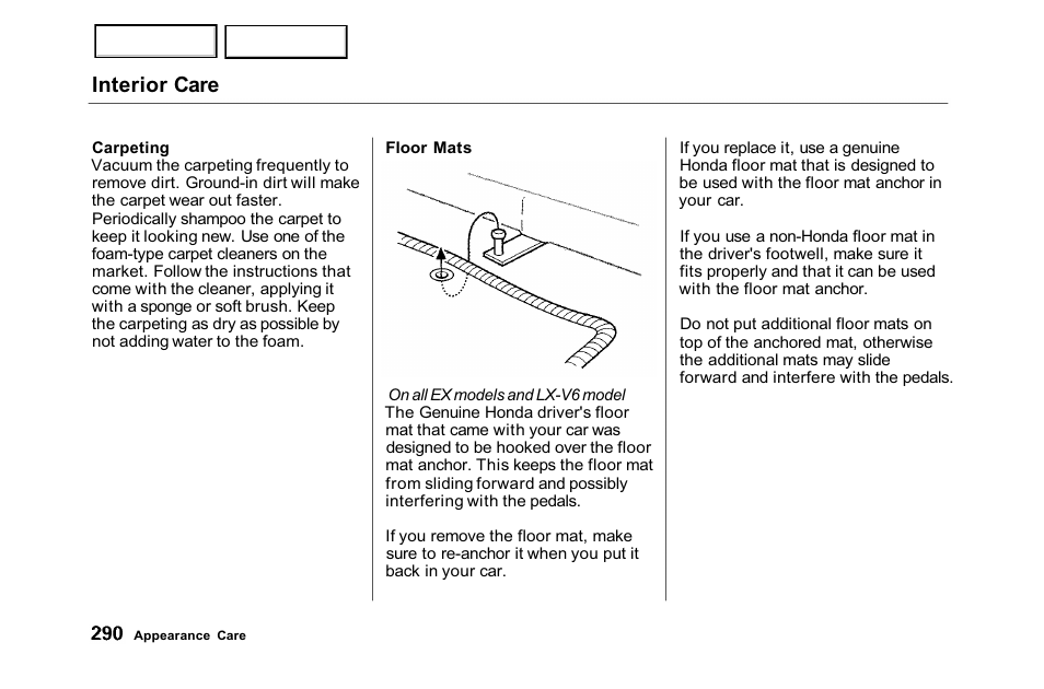 Interior care | HONDA 2001 Accord Sedan - Owner's Manual User Manual | Page 293 / 372