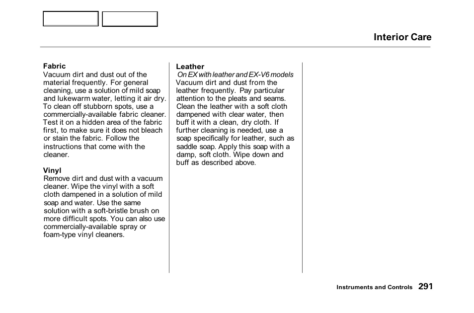 Interior care | HONDA 2001 Accord Sedan - Owner's Manual User Manual | Page 294 / 372