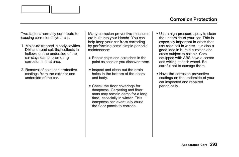 Corrosion protection | HONDA 2001 Accord Sedan - Owner's Manual User Manual | Page 296 / 372