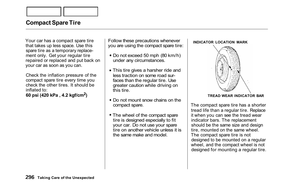 Compact spare tire | HONDA 2001 Accord Sedan - Owner's Manual User Manual | Page 299 / 372