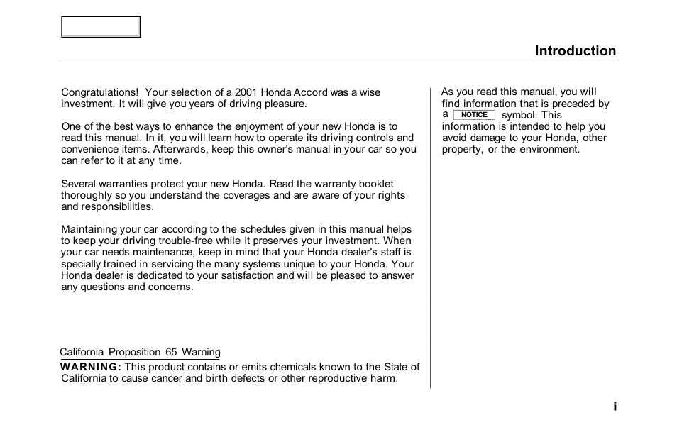 Introduction | HONDA 2001 Accord Sedan - Owner's Manual User Manual | Page 3 / 372